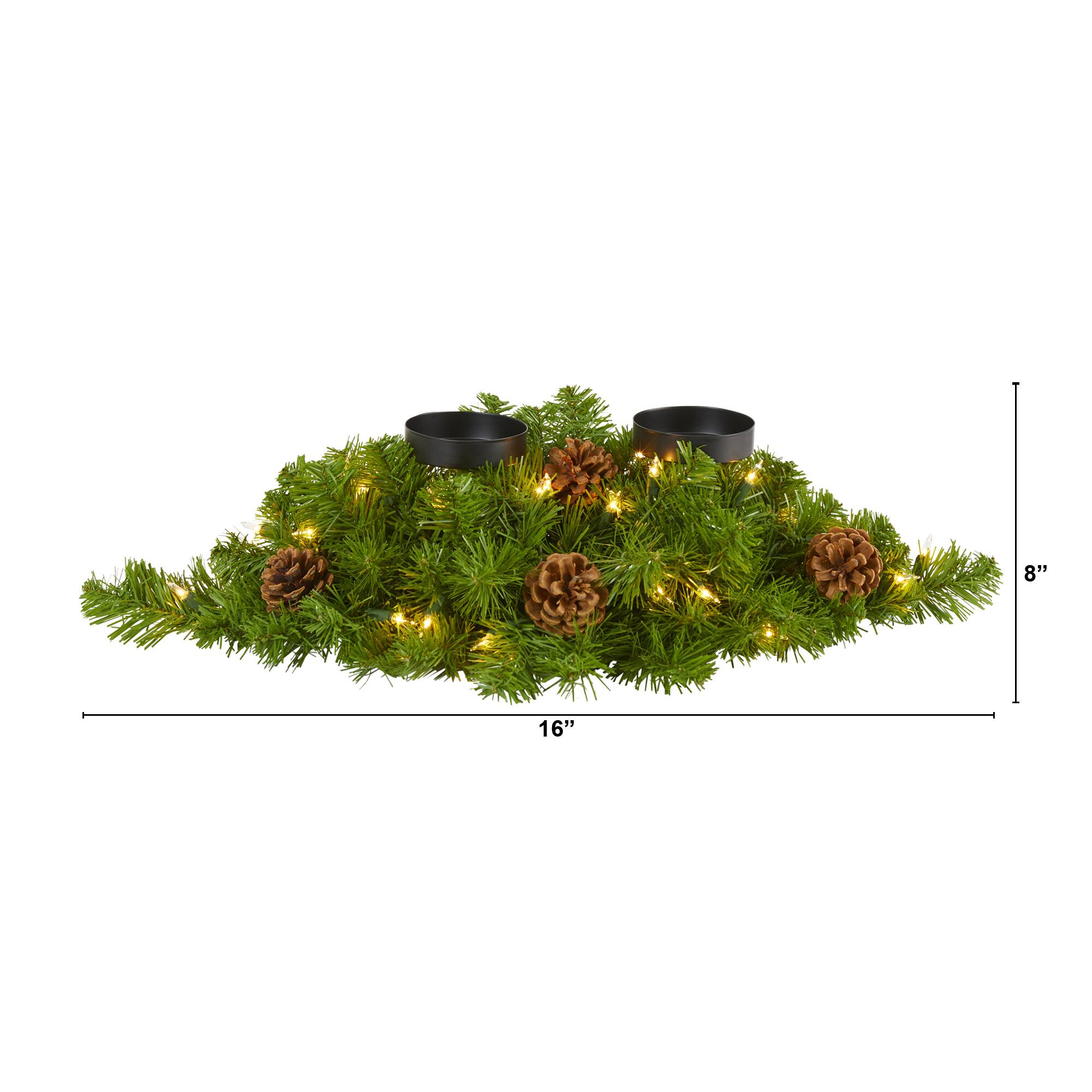 24” Artificial Christmas Double Candelabrum & Pinecones with Warm White Lights